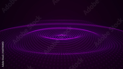 Music and sound splash with ripples. Flowing purple round wave with dots. 3d rendering.