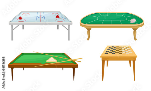 Tables for Board Games with Air Hockey Table and Billiard Table Vector Set