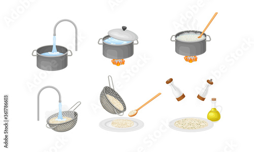 Cooking Rice Process with Head Rice Washing and Poaching on Burner Vector Set