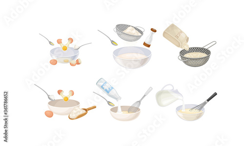 Cooking Process with Rice Sieving and Mixing Ingredients for Baking Vector Set