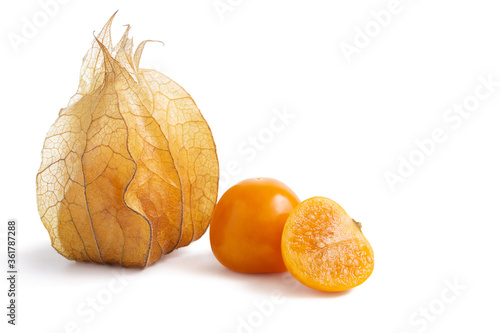 Cuadro en lienzo Ripe gooseberry, physalis cut in half, showing seeds and calyx isolated on white