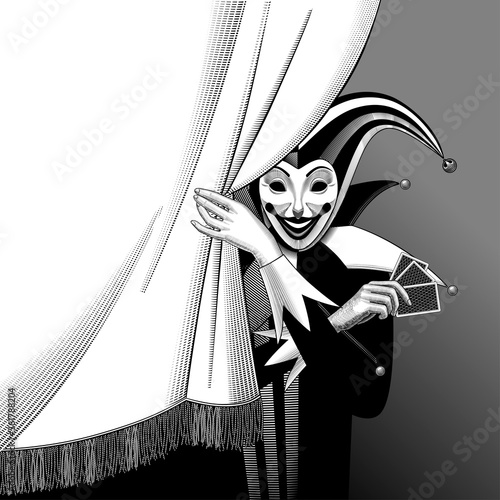 Engraved vintage drawing of Joker with playing cards behind the white curtain