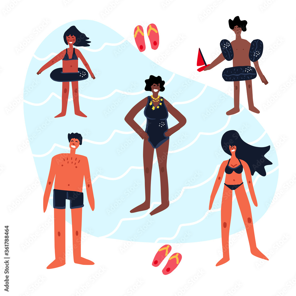 People standing in the sea. Flat hand drawn illustration of family.