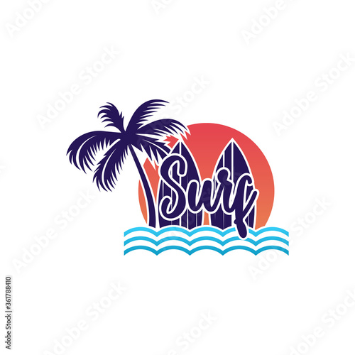 Vintage Surfing logo template. Surf Badge. Summer fun. Surfboard elements. Outdoors activity - boarding on waves.