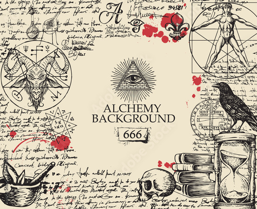 Alchemy background in vintage style. Artistic illustration on alchemical theme with black hand-drawn sketches, handwritten scribbles and notes, red blots and place for text on the old paper background