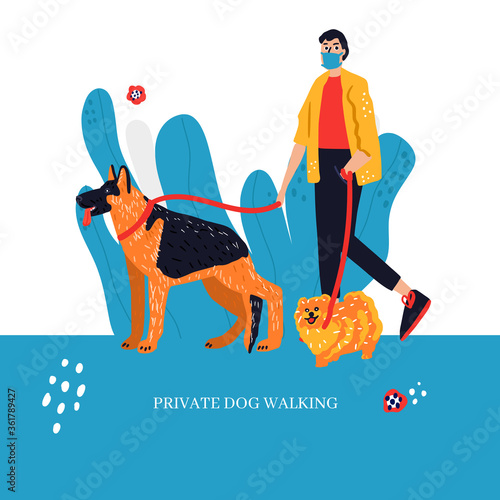 Man in mask walking dogs keeping social distance. Cute hand drawn vector illustration. Personal dog walker.