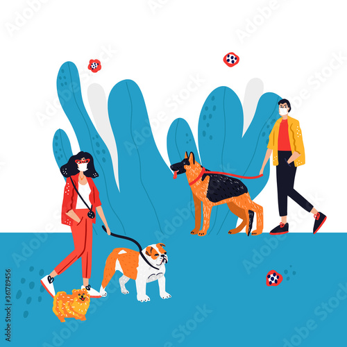 Man and woman walking dogs alone keeping social distance. Cute hand drawn vector illustration.
