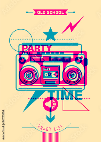Retro style party poster design with radio. Vector illustration.