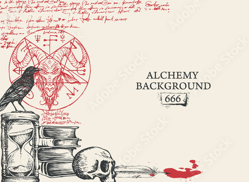 Alchemy background in vintage style. Artistic illustration with black and red hand-drawn sketches, scribbles imitating handwritten text, blood drops and place for text on the old paper background