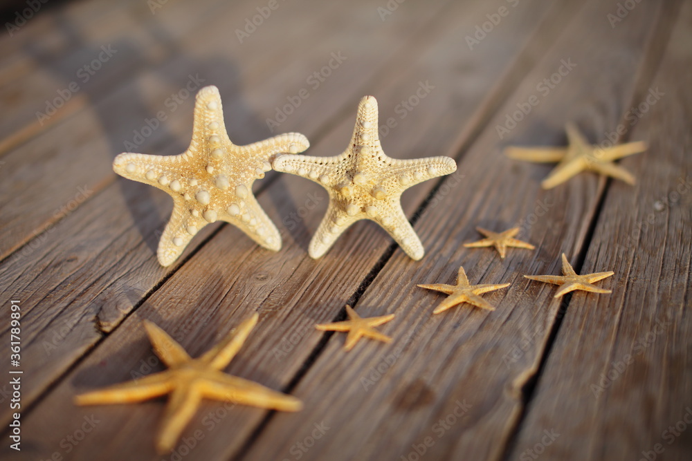 Starfish on a wooden pier poured over a wooden deck. Summer vacation concept. Holidays by the sea Starfish on a wooden pier poured over a wooden deck. Summer vacation concept. Holidays by the sea
