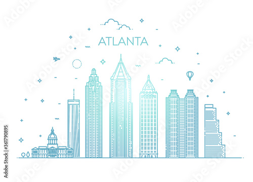 Atlanta architecture line skyline illustration. Linear vector cityscape with famous landmarks