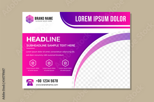 Creative & corporate business brochure flyer design a4 template. Horizontal flyer with quarter circle shape space for photo. The combination white background with gradient of pink purple colors.