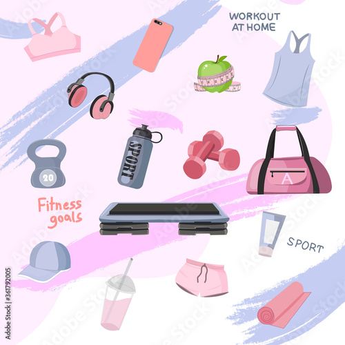 Sports set with sports things, sports, proper nutrition, health, life