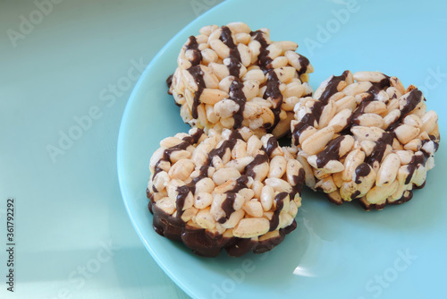  Puffed rice cakes with chocolate , Rice waffle. copy space
