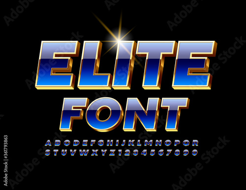 Vector Elite Font. 3D Blue and Gold Alphabet. Luxury shiny Letters and Numbers