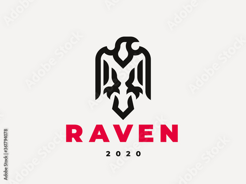 Raven linear logo. Hawk heraldic emblem design editable for your business. Vector illustration.