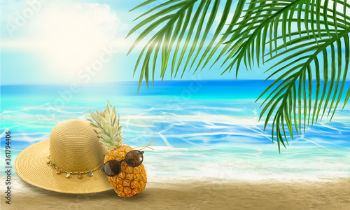 Summer abstract marine background for travel. Pineapple with glasses, a suitcase, a summer wicker hat, palm branches. Background of sea frame, waves reflected on the water. 3D illustration.