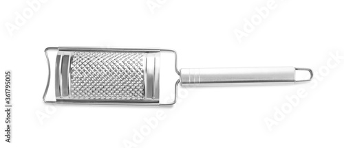 Modern stainless grater isolated on white, top view. Cooking utensil photo