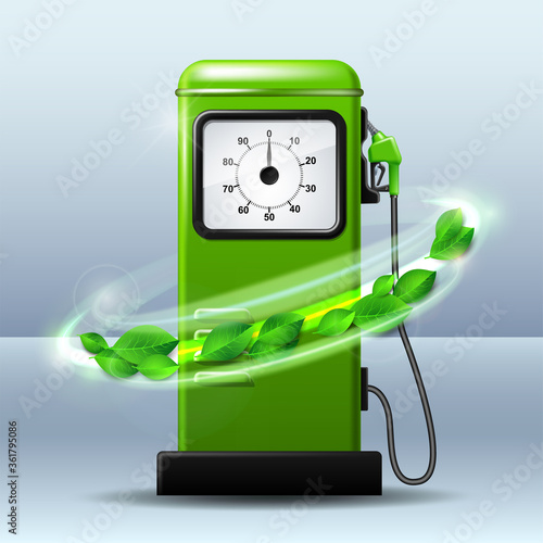 Green bright Gas station pump with fuel nozzle of petrol pump. Biofuel concept