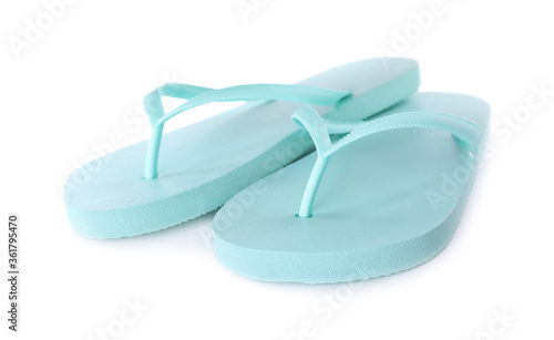 Light blue flip flops isolated on white. Beach accessory