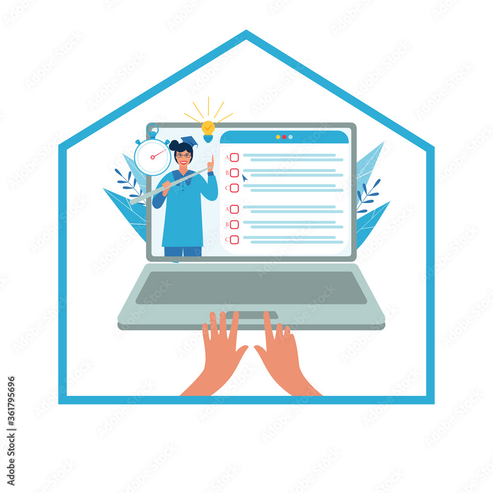 Online exam, checklist and laptop, taking test, choosing answer, questionnaire form, education concept, vector flat illustration Online exam, checklist and laptop, taking test, choosing answer, questionnaire form, education concept, vector flat illustration