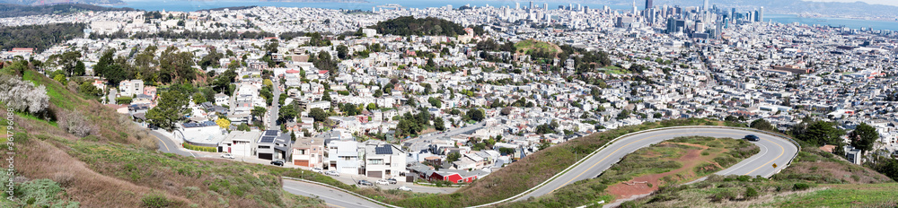 Panorama shot of San Francisco Skyline of downtown or business district from Twin Peaks