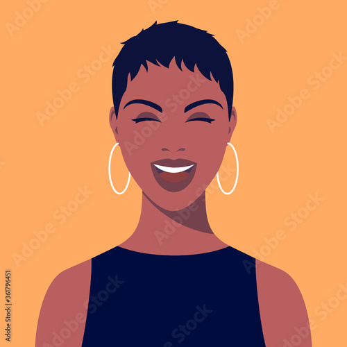 Young african smiling woman with short hair and earrings. Portrait of beautiful african woman. Avatar happy girl smiles. Abstract female portrait, full face. Stock vector illustration in flat style.