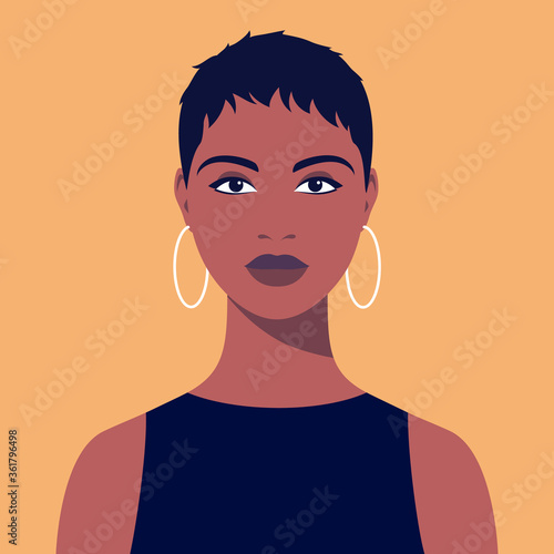 Young african woman with short hair and earrings. Portrait of beautiful african woman. Avatar girls for social networks. Abstract female portrait, full face. Stock vector illustration in flat style.