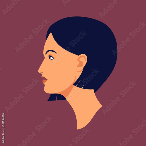 Young woman with short haircut. Portrait of beautiful brunette in profile. Avatar of girl for social networks. Abstract female portrait, side view. Stock vector illustration in flat style.