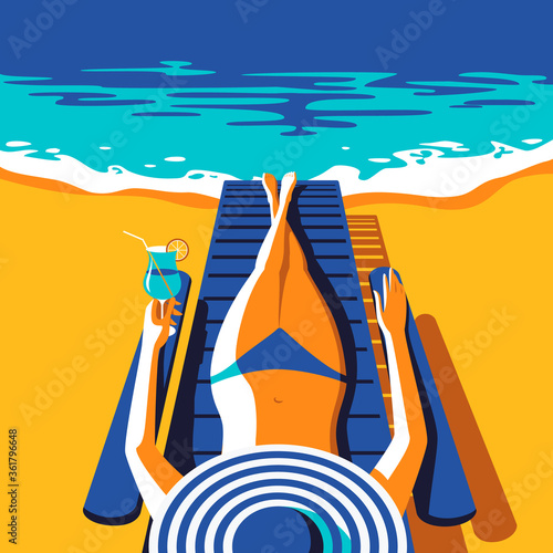 Summer holiday concept. Elegant woman  in blue swimwear sunbathing on the beach. Sea background. Stock vector illustration.