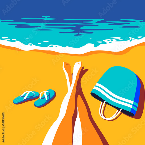 Summer holiday. Woman sunbathing on the beach. Sea background. Stock vector illustration.