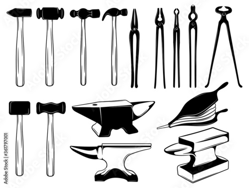 Set of equipment for a blacksmith. Collection of tools for forging metal. Hards job. Hobby. Vector illustration on a white background.