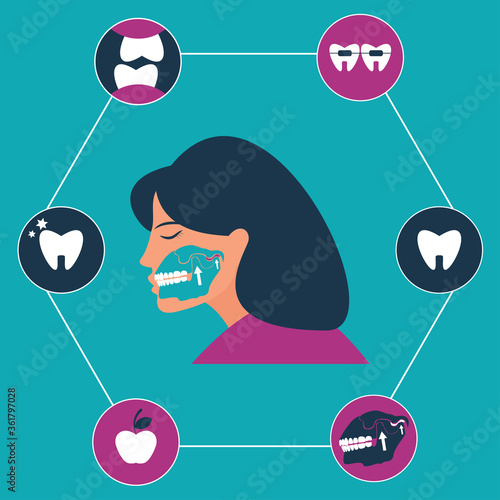 Gnathology or orthodontics concept Flat Vector illustration, masticatory system, including its functional disturbances and jaw joint and temporo - mandibular joint treatment. Can be used as template f
