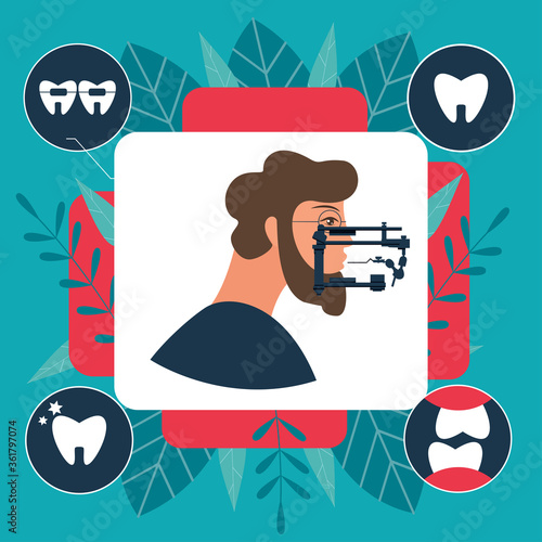 Gnathology or orthodontics concept Flat Vector illustration, masticatory system, including its functional disturbances and jaw joint and temporo - mandibular joint treatment. Can be used as template f