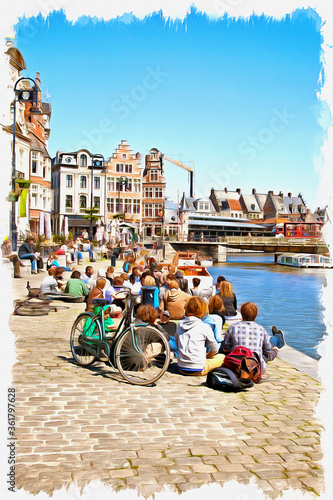 Cityscape. Ghent. Imitation of oil painting. Illustration