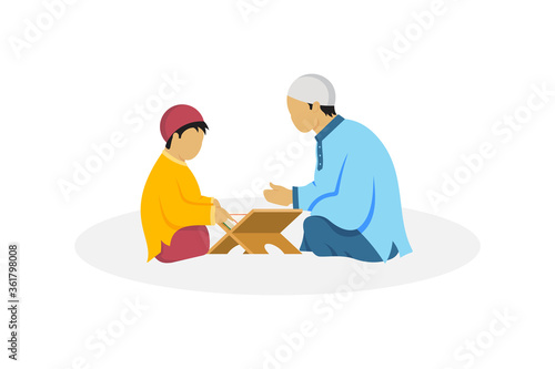 Muslim man cartoon reading Al-qur'an isolated in flat vector design. Ramadan Kareem and Eid Mubarak character design. Vector Illustration for poster, greeting card, banner, flyer.