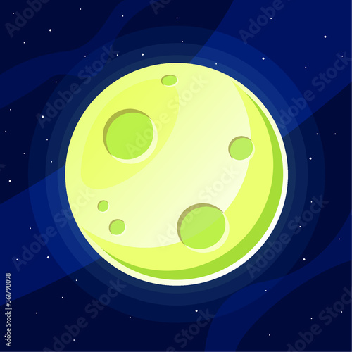 full moon in yellow with craters over a blue sky with stars - flat cartoon style - vector illustration