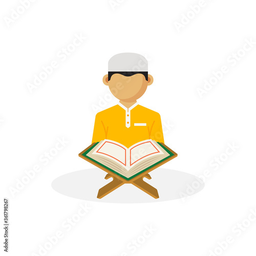 Muslim man cartoon reading Al-qur'an isolated in flat vector design. Ramadan Kareem and Eid Mubarak character design. Vector Illustration for poster, greeting card, banner, flyer.