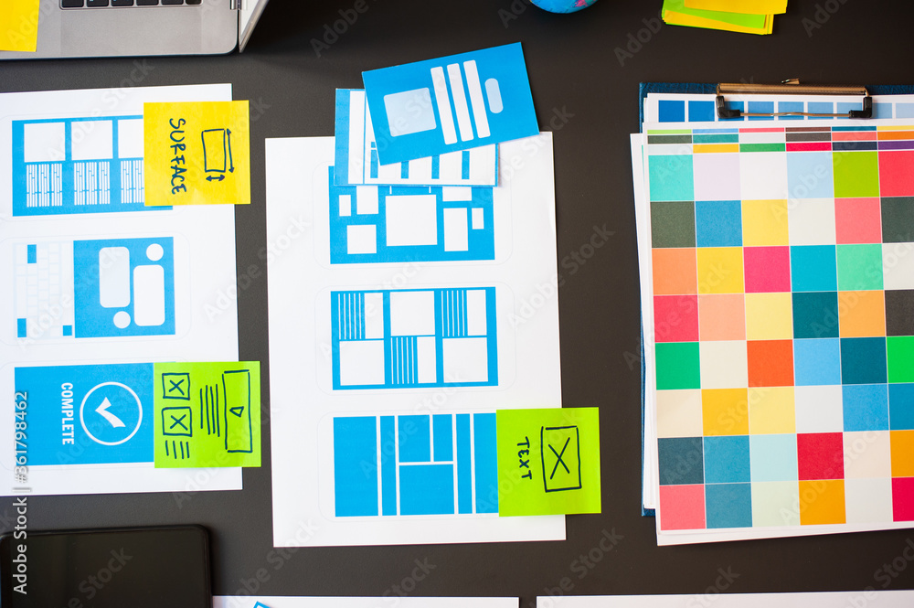 The layout and color of the application's user interface design. Stock ...