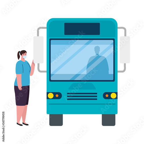 social distancing with woman wearing medical mask in bus station, city community transport with diverse commuters together, prevention coronavirus covid 19 vector illustration design