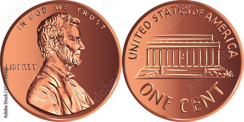 American money Lincoln Memorial cent, United States one cent or penny, coin with President Abraham Lincoln on obverse and Lincoln Memorial on reverse
