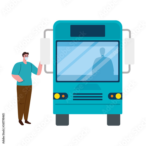 social distancing with man wearing medical mask in bus station, city community transport with diverse commuters together, prevention coronavirus covid 19 vector illustration design