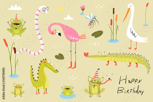 Funny swamp animals, birds, reptiles and nature items collection. Pond living animals snake, crocodile, frogs, flamingo, duck or heron with reeds and cane. Clipart collection for kids.
