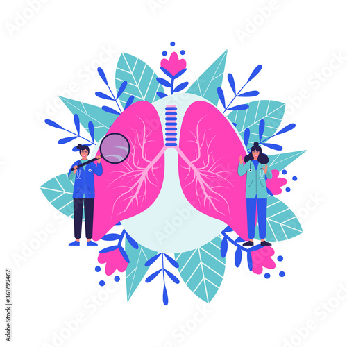 Pulmonology concept. Lungs healthcare persons. Internal organ inspection check for illness, disease or problems. Flat vector illustration