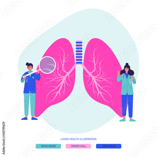 Pulmonology concept. Lungs healthcare persons. Internal organ inspection check for illness, disease or problems. Flat vector illustration