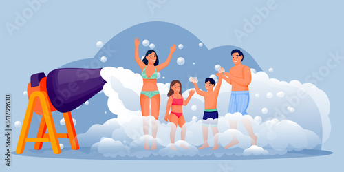 Happy people on foam club party. Family with two kids have fun vacation. Vector flat cartoon characters illustration