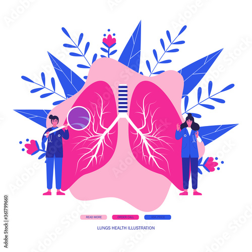 Pulmonology concept. Lungs healthcare persons. Internal organ inspection check for illness, disease or problems. Flat vector illustration