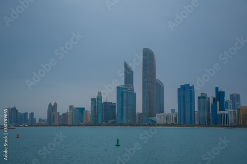 Abu Dhabi skyline from the Marina coast on a cloudy rainy day