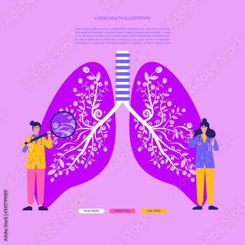 Pulmonology concept. Lungs healthcare persons. Internal organ inspection check for illness, disease or problems. Flat vector illustration