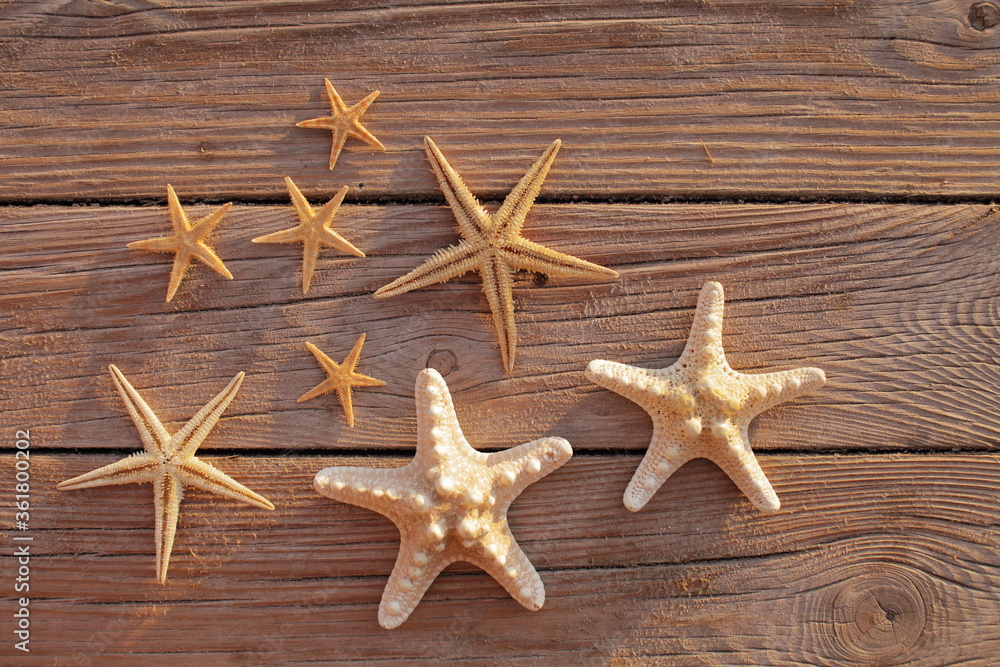 Starfish on a wooden pier poured over a wooden deck. Summer vacation concept. Holidays by the sea Starfish on a wooden pier poured over a wooden deck. Summer vacation concept. Holidays by the sea